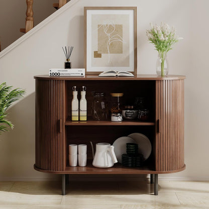 Buffet Sideboard Cabinet with Fluted Sliding Door, 40" Storage Console Table with Adjustable Shelf for Kitchen, Entryway, or Living Room, Modern Accent Coffee Bar, Walnut