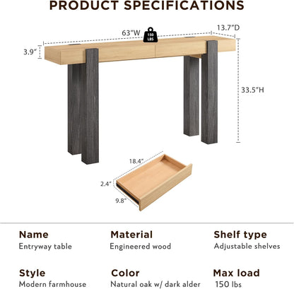 OKD Modern Farmhouse Entryway Table with 2 Drawers, 63" Wooden Console Table with Storage for Hallway, Behind Sofa, Living Room, Natural Oak with Dark Alder
