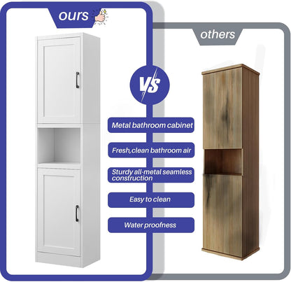 67" Tall Narrow Bathroom Storage Cabinet, Slim Metal Cabinet with Doors and Adjustable Shelves, Freestanding Pantry Organizer for Small Spaces, Bathroom, Kitchen, Laundry Room, Living Room, White