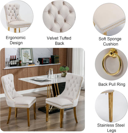 44.88" Round Dining Table Set, Luxury Diamond-Shape Dining Room Table with Faux Marble Top & 4 Beige Tufted Velvet Chairs, White&Gold Circle Kitchen Table and Chairs Set with Stainless Steel Base