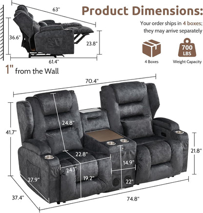 SAMERY Loveseat Recliner Sofa, Power Reclining Loveseat Sofa, Wall Hugger Recliners RV Couch with Console, Lift-Top Table, Rhythm & Ambient LED Lights, USB-C, Outlets, Velvet, Gray