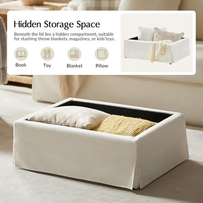 HULALA HOME Storage Ottoman Coffee Table with Lift Top, Farmhouse Linen Upholstered Ottoman with Removable Fabric Cover, 30-Inch Large Coffee Table with Storage for Living Room, Bedroom, Ivory