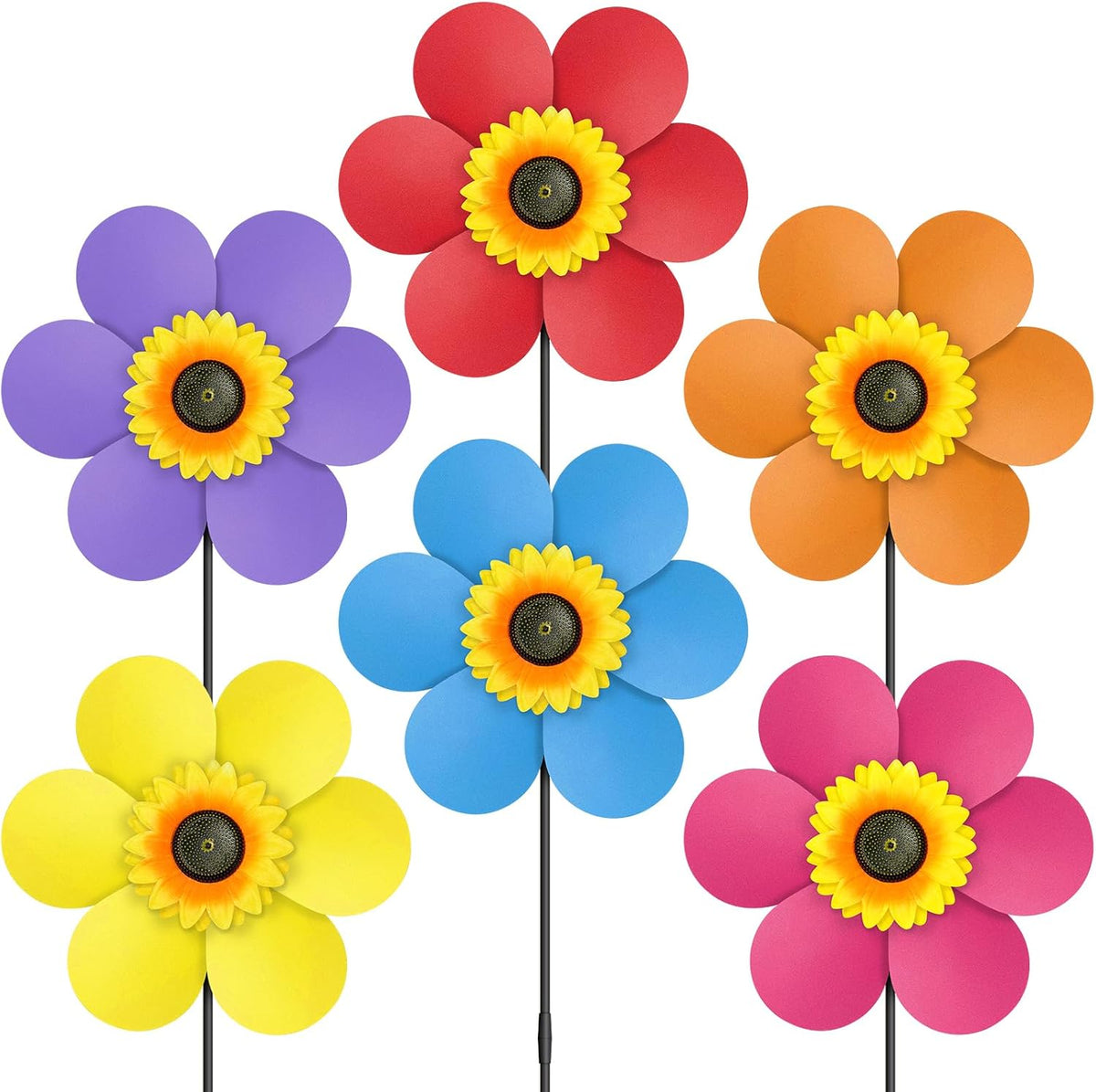 6PCS Sunflower Wind Spinners with Stakes 14" W x 29" H Wind Spinners Lawn Pinwheel Rainbow Windmill Outdoor Pinwheels for Yard Decoration（Multicolor）