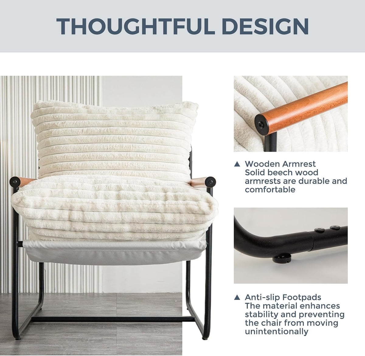 MAXYOYO Accent Chair, Sherpa Arm Chair for Living Room, Mid Century Modern Accent Chairs, Boucle Reading Bedroom Chair, Teddy Armchair, Wooden Arms Metal Frame