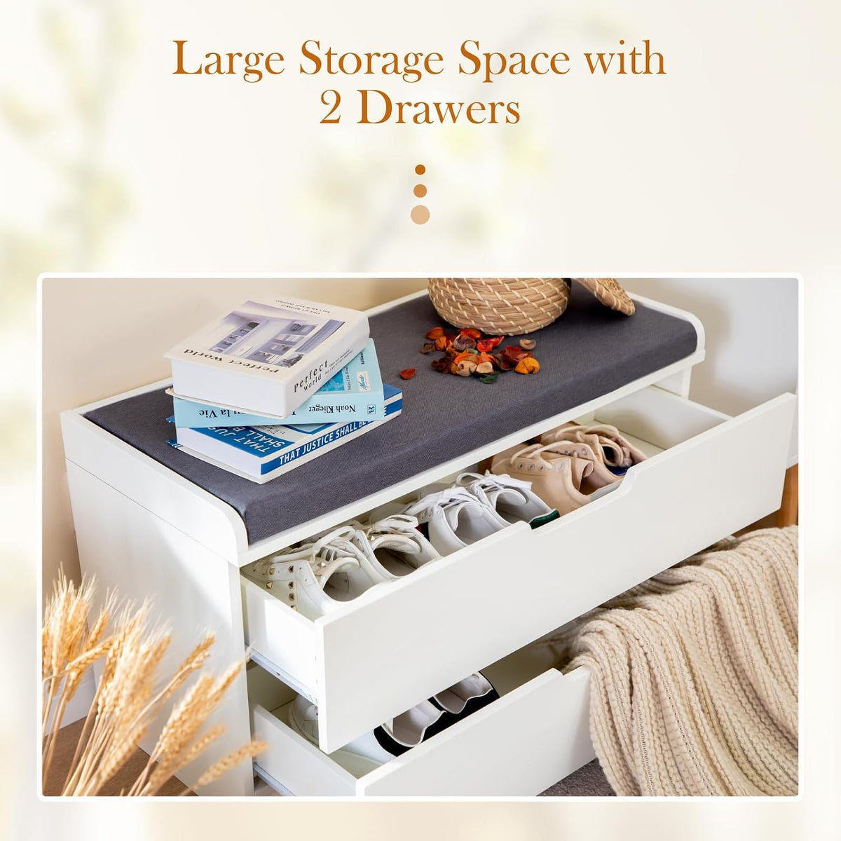 MFSTUDIO Large Shoe Storage Bench, White Wood Shoe Entryway Bench with Seating Padded Cushion, 2 Drawers, Freestanding Shoe Rack Organizer for Entryway Hallway Living Room, Grey Cushion