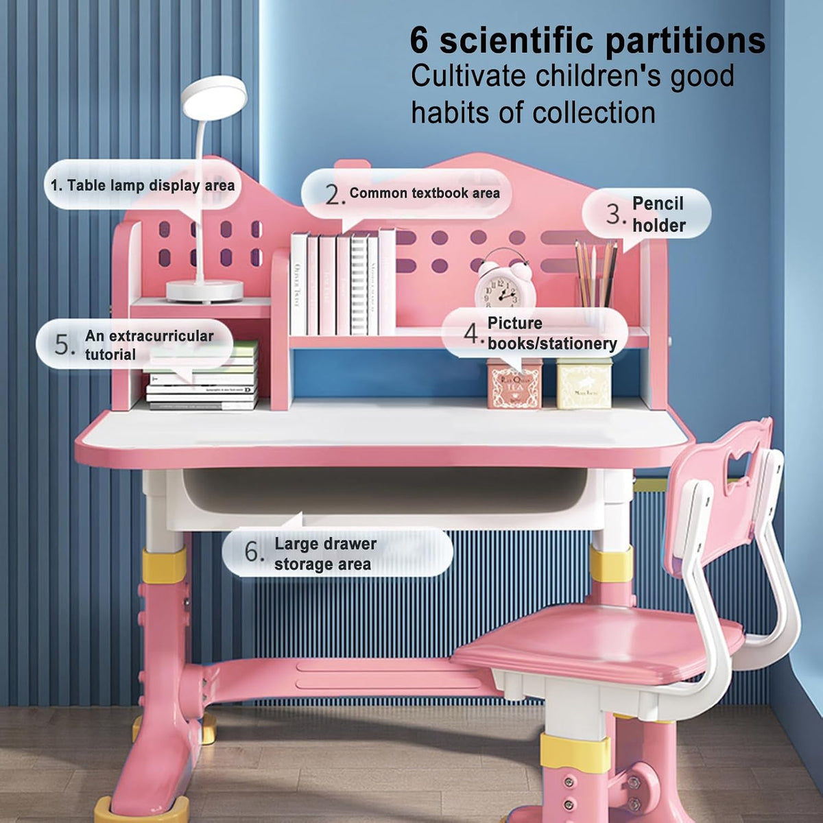 Kids Study Desk and Chair Set,Height Adjustable & Cartoon Design with Bookshelf & Book Basket, Eco-Friendly Materials Study Desk and Chair Set, Suitable for Writing & Reading