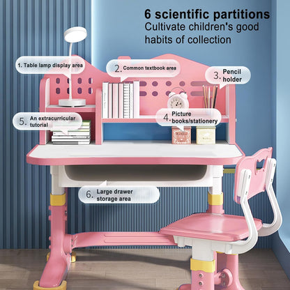 Kids Study Desk and Chair Set,Height Adjustable & Cartoon Design with Bookshelf & Book Basket, Eco-Friendly Materials Study Desk and Chair Set, Suitable for Writing & Reading