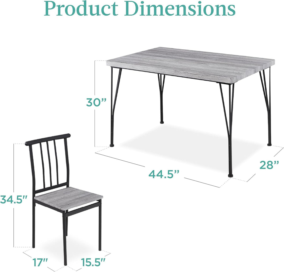 Best Choice Products 5-Piece Metal and Wood Indoor Modern Rectangular Dining Table Furniture Set for Kitchen, Dining Room, Dinette, Breakfast Nook w/ 4 Chairs - Gray