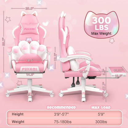 Pink Gaming Chair with Cat Ears & Footrest, Ergonomic Gaming Computer Desk Chair with Cat Paw Lumbar Support & Linked Armrests - Cute PU Leather Game Chair for Girls Adults