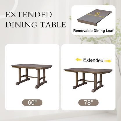 6-Piece Dining Table Set, 60inch to 78inch Extendable Wood Dining Table with Removable Leaf, Kitchen Table Set with 4 Upholstered Side Chair and Bench, Dining Table Set for 6 (Brown)