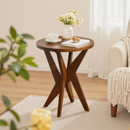 Ahokua Mid-Century Modern Round End Table, Walnut Brown Farmhouse Side Table with MDF Top and Crossed Legs for Living Room Bedroom, or Small Spaces
