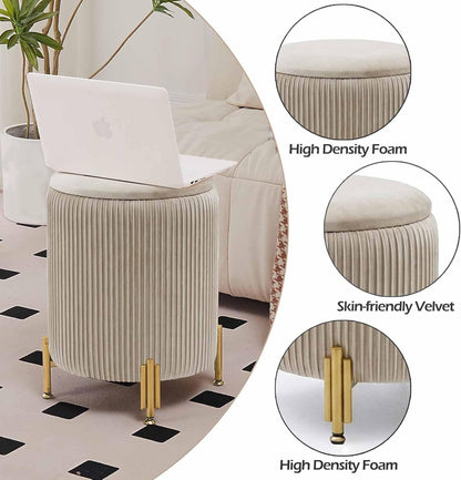 Round Ottoman Foot Stool with Storage and Metal Legs for Living Room Bedroom, Velvet Upholstered Footrest Stool Support 300lbs Modern Padded Seat Ottoman Coffee Table (Oatmeal‌)