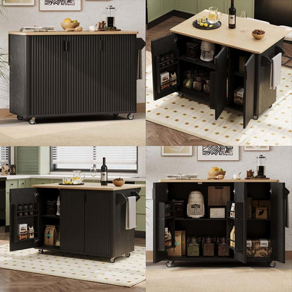 Portable Island for Kitchen with Drop Leaf with Storage and Dining Table, Narrow Kitchen Island with Wheels Towel Rack， for Kitchen, Dining Room, Black