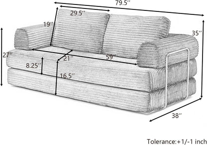 Convertible Folding Sofa Bed, Modern Futon Sleeper Sofa Fold Out Couch Bed with Gold Fixed Frame, Modular Floor Sofas Comfy Corduroy Couches for Living Room (80" Grey)
