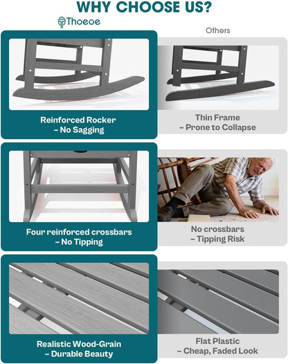 THOEOE Outdoor Rocking Chairs, Oversized Patio Rocking Chair | HDPE Outdoor Rockers for Front Porch, Patio, Backyard, Balcony and Garden. All-Weather High Back Design, Gray