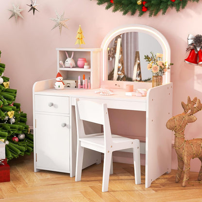 INFANS Kids Vanity, Princess Makeup Desk and Chair Set with Lights Mirror Drawer Storage Shelves, Wooden Dressing Table, Pretend Play Vanity Set for Girls