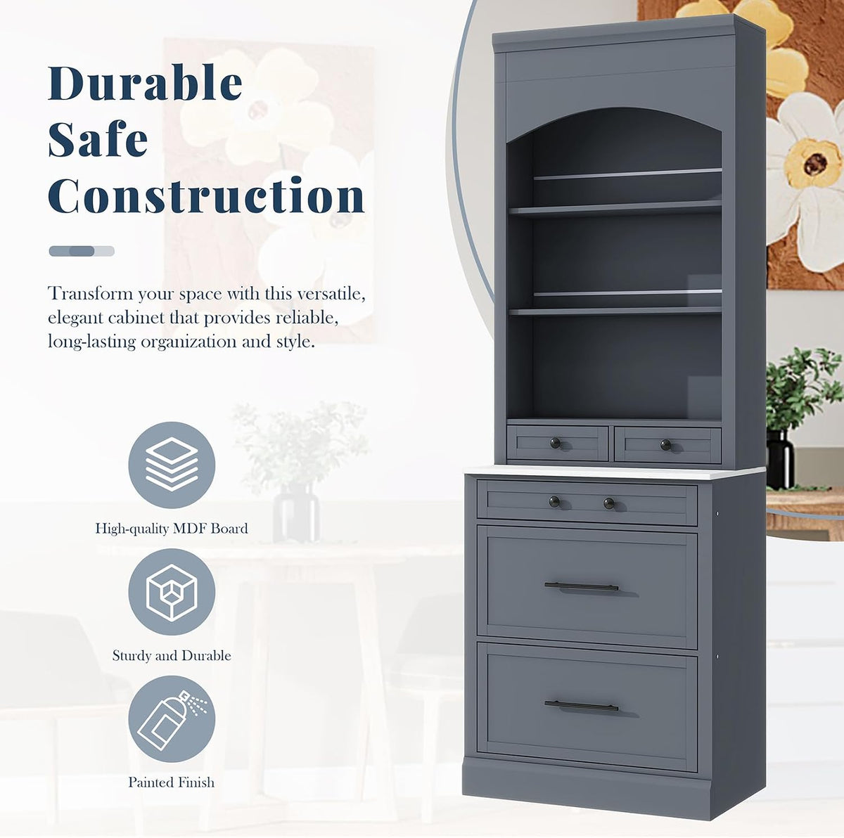 Kitchen Pantry Cabinet, 83.7" Freestanding Storage Cabinet with Hutch, Faux Marble Countertop, 5 Storage Drawers and Adjustable Shelves, Coffee Bar Cabinet for Dining Room, Grey Set of 2