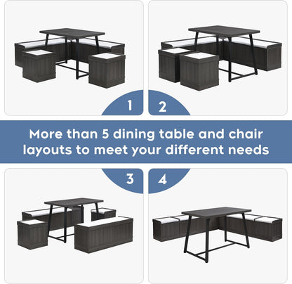 Brafab Corner Dining Table Set, 43 Inch Breakfast Nook Table Set with Bench with Hidden Storage & 2 Ottomans, 5-Piece Corner Bench Dining Table Set, Brown