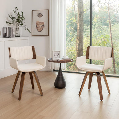 LUNLING Swivel Accent Faux Leather Dining Chairs Set of 2 Mid Century Modern Chairs with Wooden Legs/Armrest/Upholstered Seat/Adjustable Foots for Kitchen Dining Room Desk Chairs Beige PU