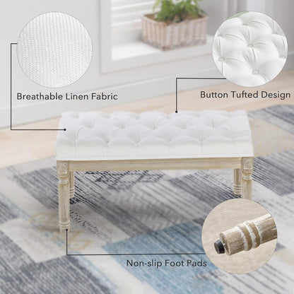LOULENS French Vintage Bench, Linen Fabric Entryway Bench, Upholstered Tufted End of Bed Bench with Brushed Wood Legs, White