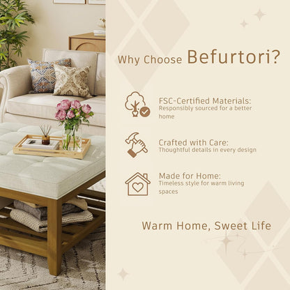 Befurtori Large Square Ottoman Coffee Table, Linen Solid Upholstered Footrest Ottoman with Solid Wood Shelf Storage Tufted Coffee Table for Bedroom Living Room, Ivory