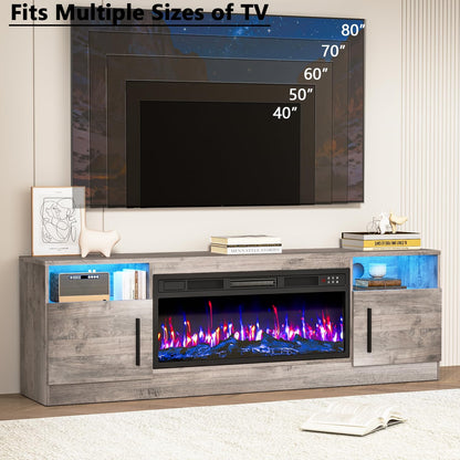 PRETZI Fireplace TV Stand with 36" Fireplace Up to 80" TVs for Living Room | 70" Modern Wood Texture Entertainment Center with Adjustable LED Lights, TV Media Console with Highlight Storage Cabinet,Gray