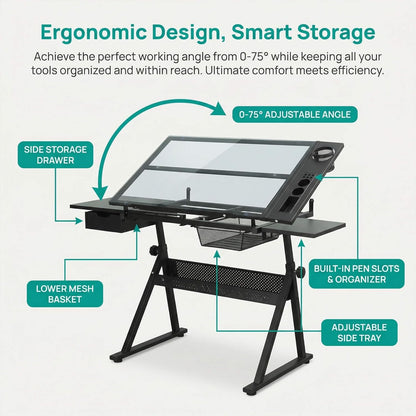 Litex Adjustable Drafting Table with Stool, Glass Top Art Desk for Drawing & Painting, 0–75° Tilting Tabletop, Height Adjustable Craft Desk with Storage Drawers for Home Office Studio (Black)