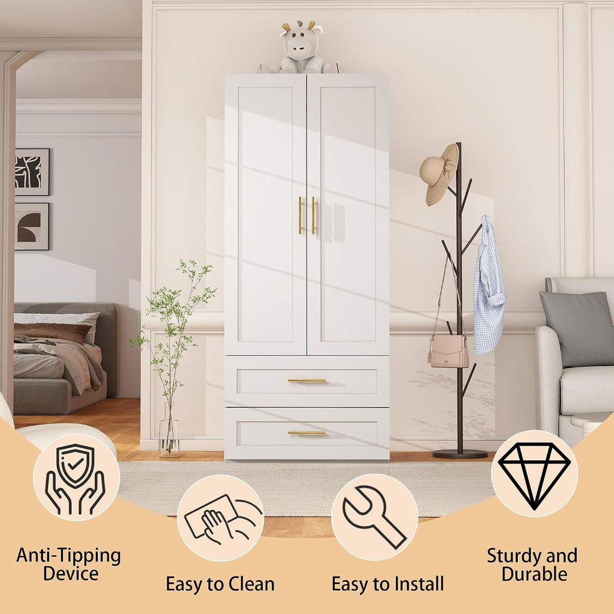 White Wardrobe with 2 Doors: 75" Tall Armoire Wardrobe Closet with 2 Drawers, Bedroom Closet Cabinet for Hanging Clothes, Wooden Storage Armoire with Shelves (Contemporary, 1)