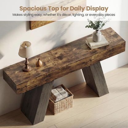 Kikihouse 63-Inch Long Console Table w/Storage Drawers, Wood Grain Sofa Table Behind Couch, for Entryway, Entrance, Hallway, Foyer, Living Room (Rustic Brown + Charcoal)