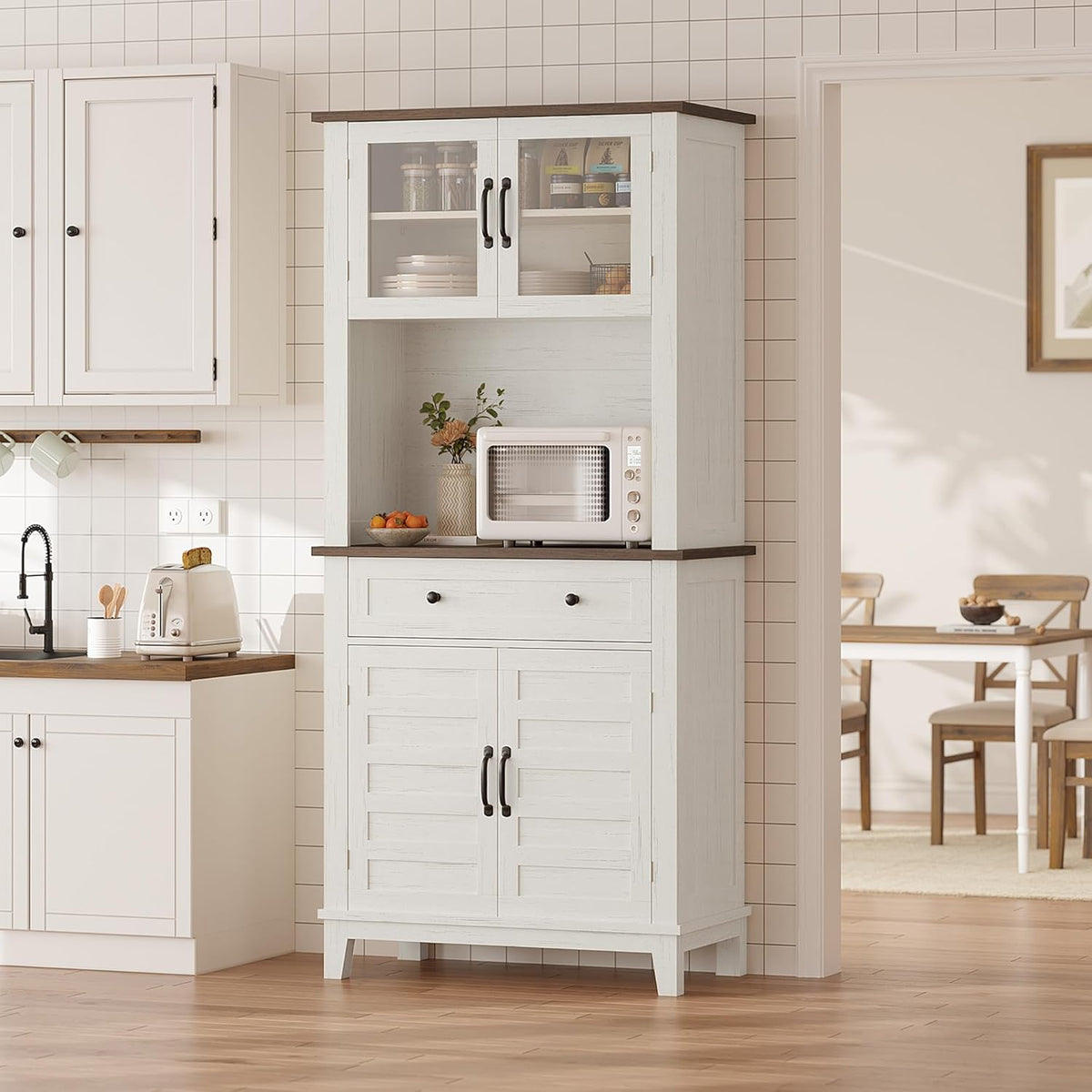 72" Pantry Cabinet with Storage Drawers 2 Glass Doors, Farmhouse Kitchen Hutch, Farmhouse Kitchen Hutch with Storage Drawers for Living Room, Dining Room,