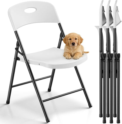 Folding Chairs 4 Pack, Outdoor White Folding Chairs for Outside Indoor, Portable 350 lbs Capacity Heavy Duty Plastic Metal Foldable Chairs Commercial Seating for Picnic, Party, Patio