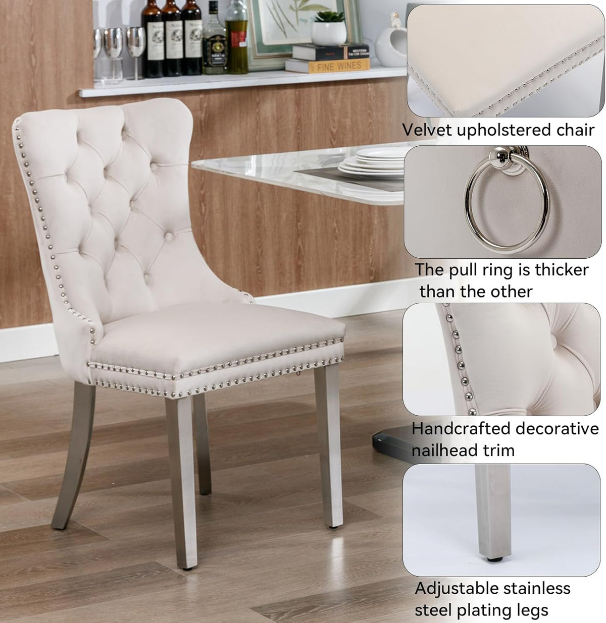 36" Luxury Silver Glass Dining Room Table Set for 4, 5-Piece Round Kitchen Dining Table Set with Cross Metal Legs and 4 Beige Velvet Upholstered Chairs, Glass Kitchen Table and Chairs Set