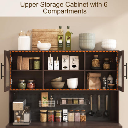 71" Tall Pantry Cabinet with Power Outlet & Pegboard, Kitchen Hutch Storage Cabinet with Arched Fluted Glass Doors, LED Lights, Wine Rack, Baskets & Adjustable Shelves, Brown