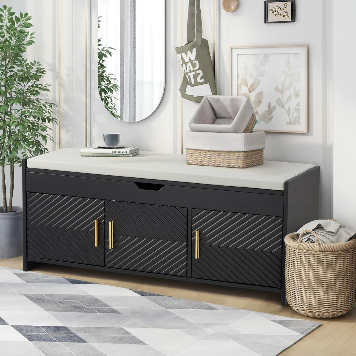 ECOTOUGE Shoe Bench, Storage Bench with Lift Top Storage, Entryway Bench with Cushioned Seat, Adjustable Shelf for Living Room, Bedroom, Hallway, Black