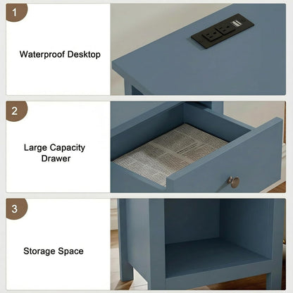 ChooChoo Farmhouse Nightstand with Charging Station Set of 2 | Wooden Top Bedside End Table with Drawer and Storage Space for Bedroom, Blue