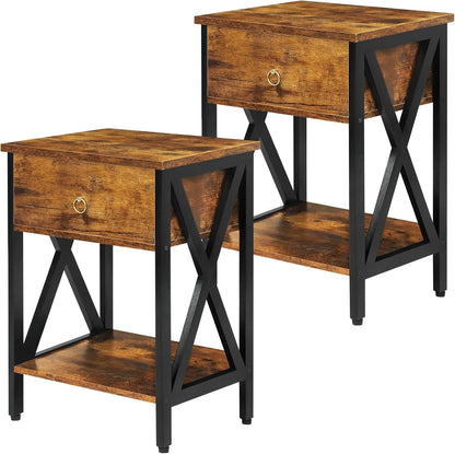 JMLHMXC Nightstands Industrial Bedside End Tables with Drawer and Storage Shelf,Small Side Table for Bedroom, Living Room, Sofa Couch,Brown Set of 2
