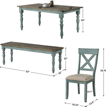 Roundhill Furniture Prato 6-Piece Dining Set, Dining Table with 4 Cross Back Chairs and Bench, Antique Blue and Distressed Walnut Finish