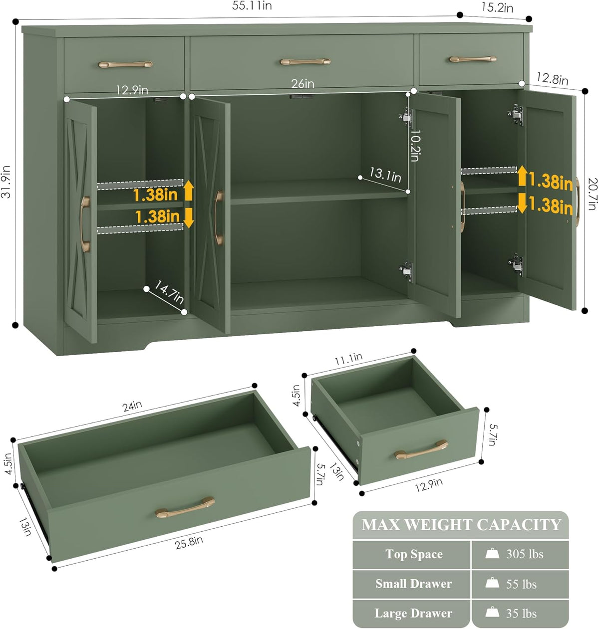 HOSTACK Buffet Sideboard Cabinet with Drawers, 55" Large Buffet Storage Cabinet with Shelves and Doors, Modern Farmhouse Coffee Bar Station for Kitchen, Dining Room, Green
