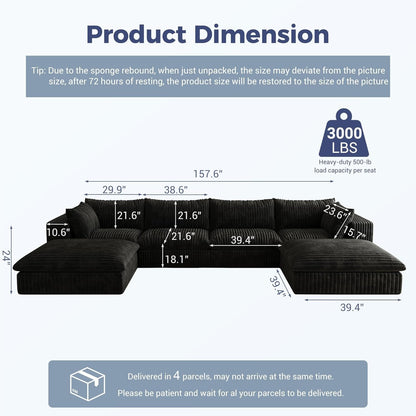 157.6" Oversized Cloud Sofa with 2 Ottomans, Modern Corduroy U Shaped Modular Sectional Couch, Deep Seat Floor Furniture Set, No Assembly Required (4 Seater+2 Ottoman)