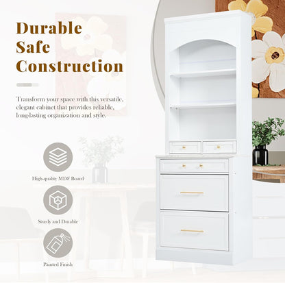 83.7" Tall Kitchen Pantry Cabinet, Freestanding Kitchen Hutch with Faux Marble Top, Pantry Storage Cabinet with 5 Drawers & Adjustable Shelf, Modern Farmhouse Cupboard for Dining Room, White