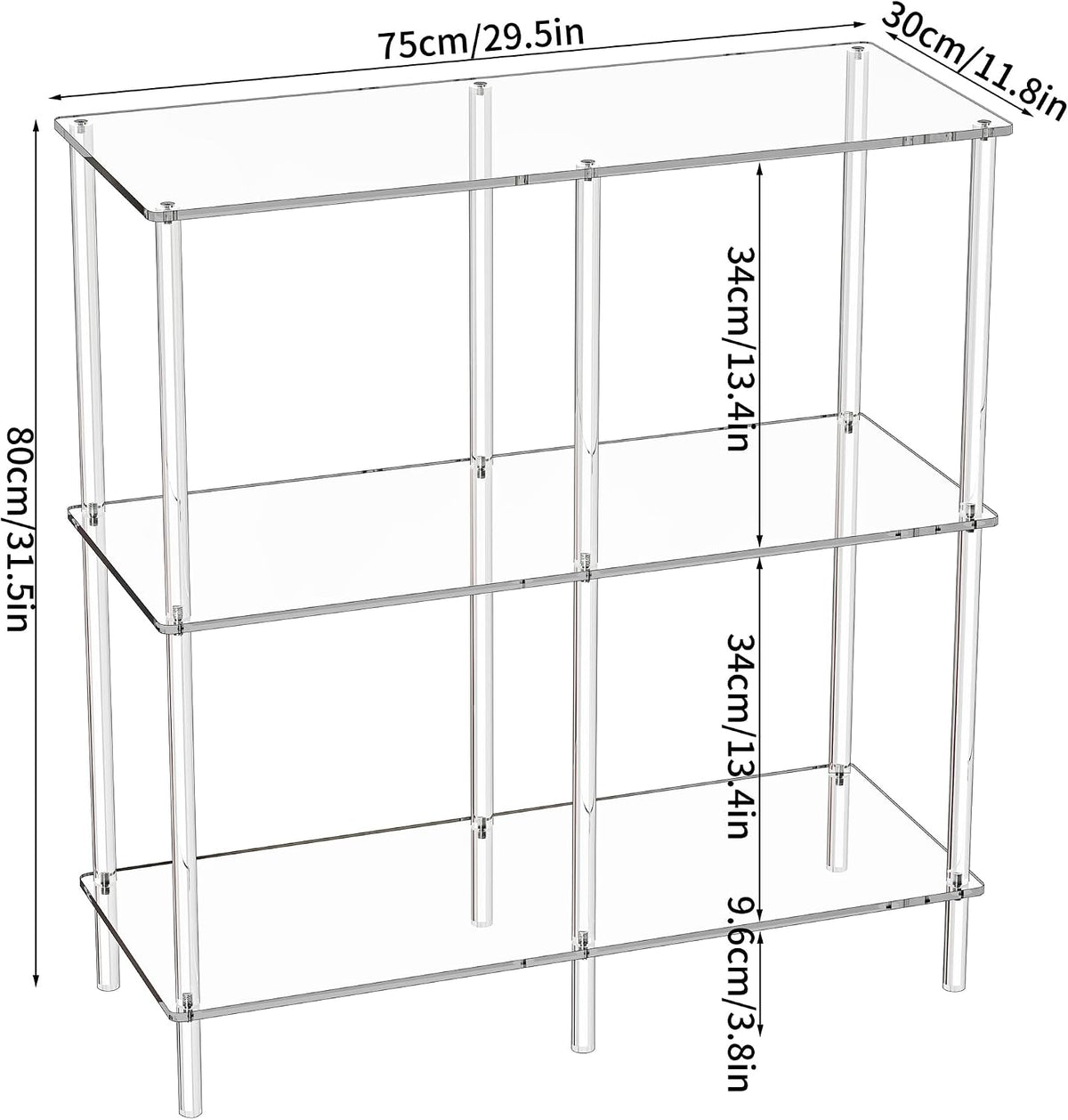 Acrylic Side Table Clear 3-Tier End Table for Living Room, Office, Hallway, Bedroom Small Bedside Table (8mm 31.7" high)