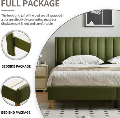 YUHUASHI King Bed Frame，Platform Bed with Upholstered Headboard，Grass Green
