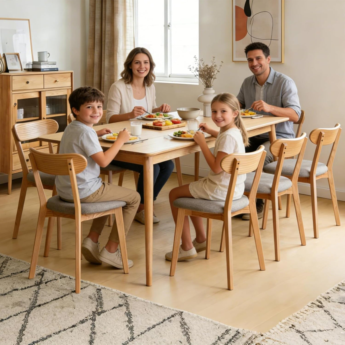 Solid Oak Curved Back Dining Chairs Set of 8, Armless, Upholstered Seat, Mid-Century Modern, 400 lbs Capacity for Dining Room, Kitchen & Restaurant