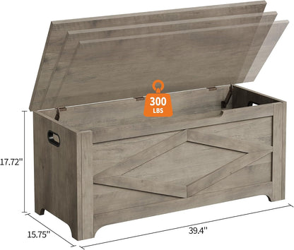 GAOMON Storage Chest, Storage Bench with Safety Hinge, Farmhouse Style Wooden Trunk for Entryway, Bedroom, Living Room, Washed Grey