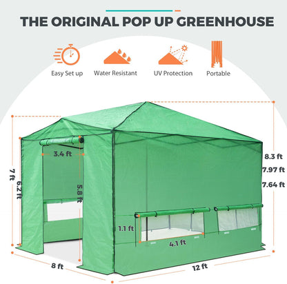 EAGLE PEAK Instant Pop-up Greenhouse, Indoor Outdoor Plant Gardening Green House, Roll-Up Zipper Doors and Side Windows, Walk in 12x8 ft, Green/Clear