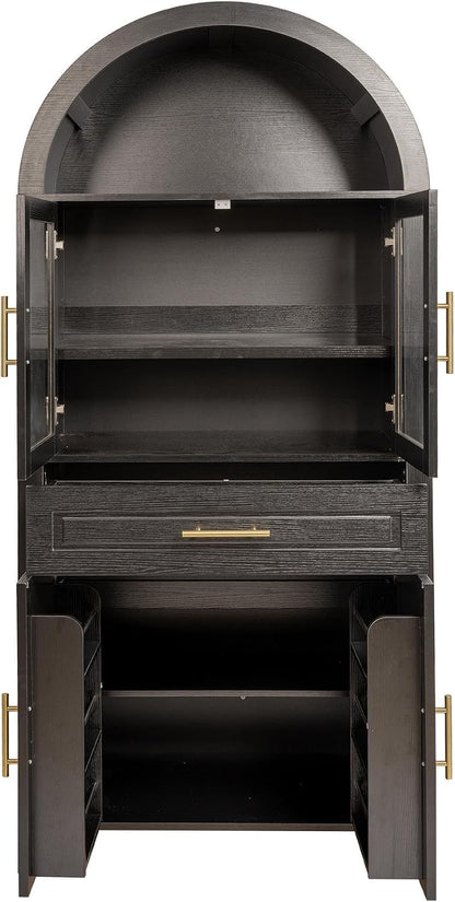 71" Tall Arched Kitchen Pantry Cabinet, Farmhouse Freestanding Food Pantry with Glass Door, Barn Door Design and Adjustable Shelves, Storage Cupboard for Kitchen, Living & Dining Room,Black