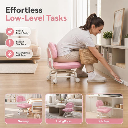 Rolling Low Stool with Backrest, Cloud Comfort Swivel Stool，Gray | Rolling Backrest Chair with Padded Seat & 360° Silent Casters, Cloud-Soft Cushion for Workshops, Garages, Studios, Home