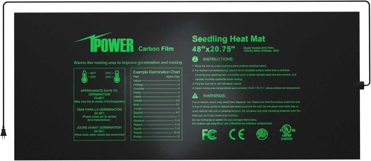 iPower 48” x 20.75” Seeding Heat Mat Upgraded Carbon Film Indoor Warm Hydroponic Plant Germination Starting Pad Durable Waterproof, 48" x 20.75", Black