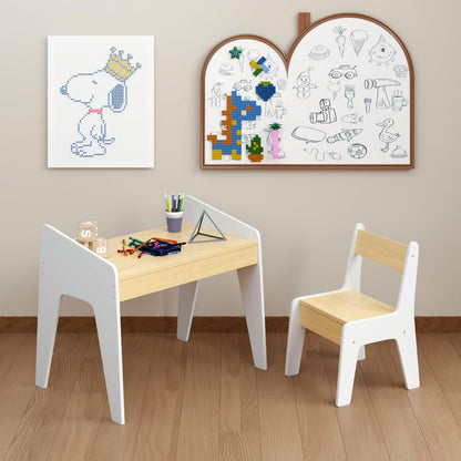 Kids Table and Chair Set, Wooden Children's Study Desk & Play Table for Ages 2-8, White and Natural MDF Furniture
