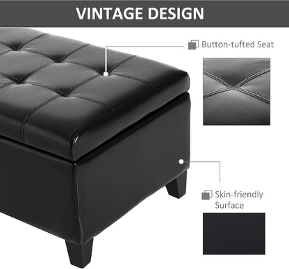 51inches Rectangular Tufted Faux Leather Storage Ottoman Black Modern Premium Comfortable Luxury Stylish Elegant Contemporary